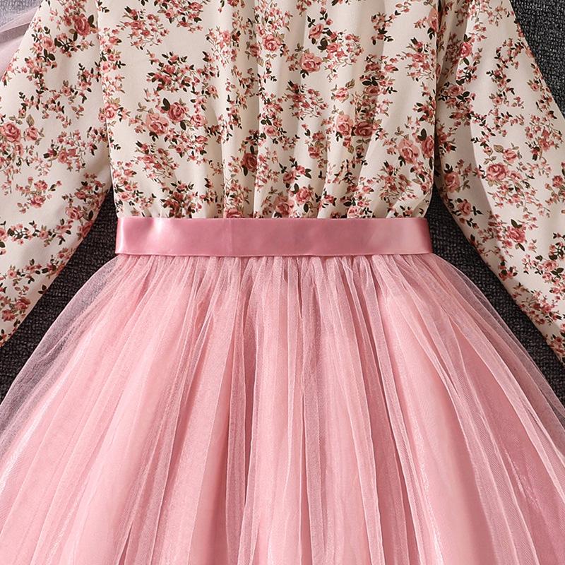 Girls' Big Kid Floral Lapel Mesh Princess Dress - Autumn 2025 Edition