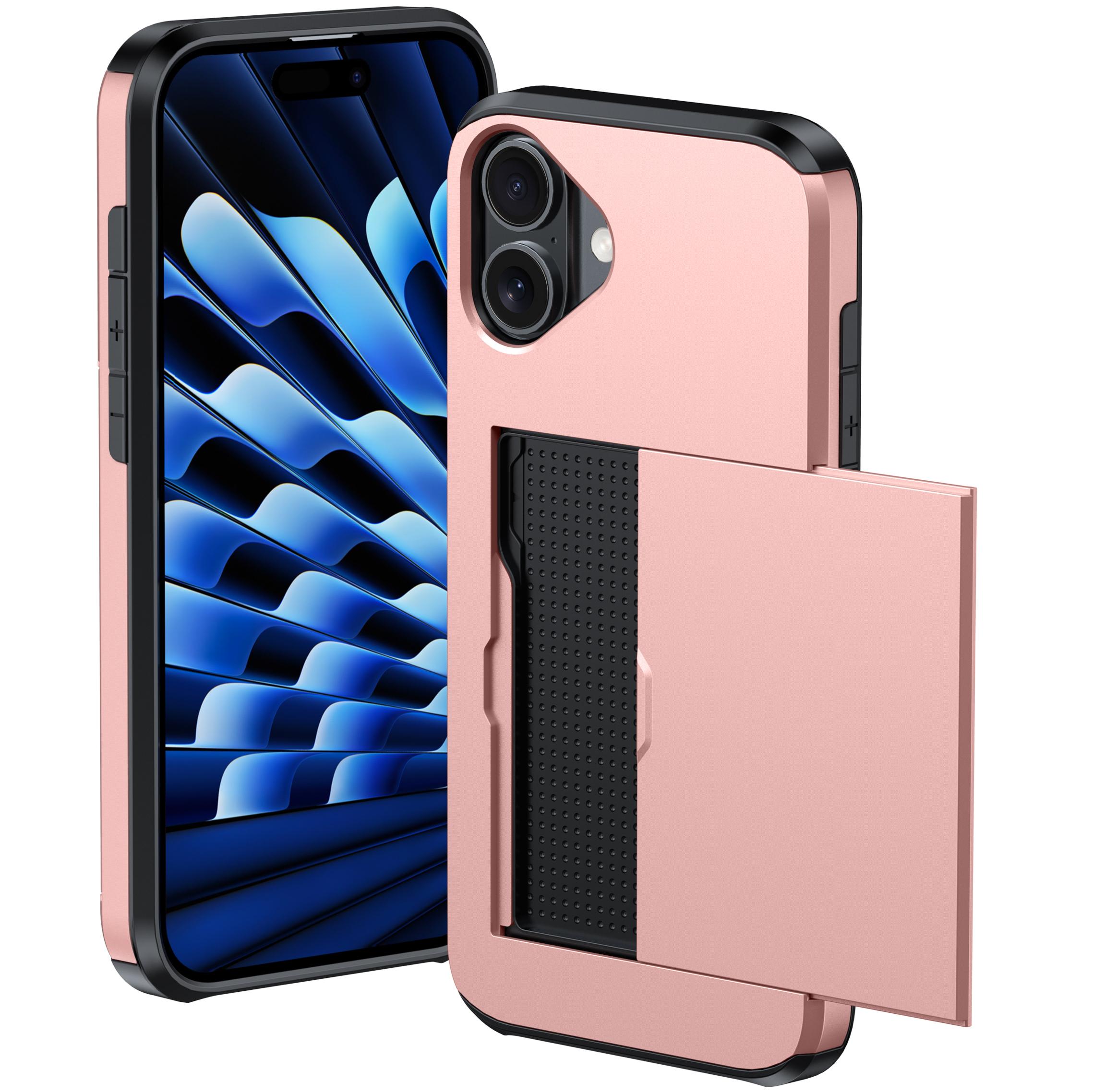 

For iPhone 16 Plus Case with Card Holder TPU+PC Phone Cover Dual Layer Shockproof Black