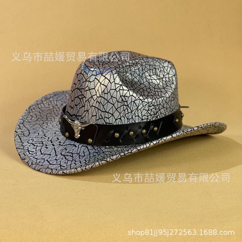 European and American Bull Head Belt Western Cowboy Hat New Breathable Sunshade Sequin Crack Jazz Hat Children