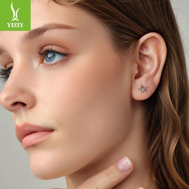 Three-Dimensional Star Thread Plain Silver Stud Earrings Personalized Versatile S925 Sterling Silver Star Stud Earrings
