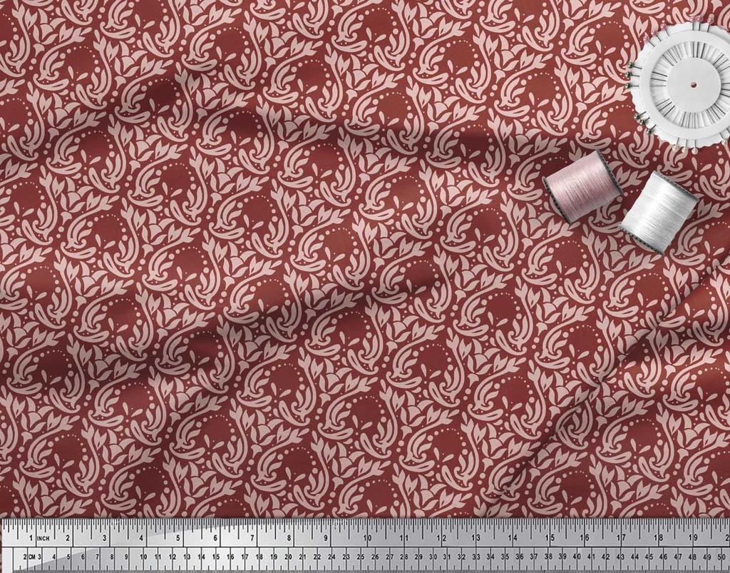Soimoi Red Japan Crepe Satin Fabric Palmette Damask Decor Fabric Printed Metre 42 Inch