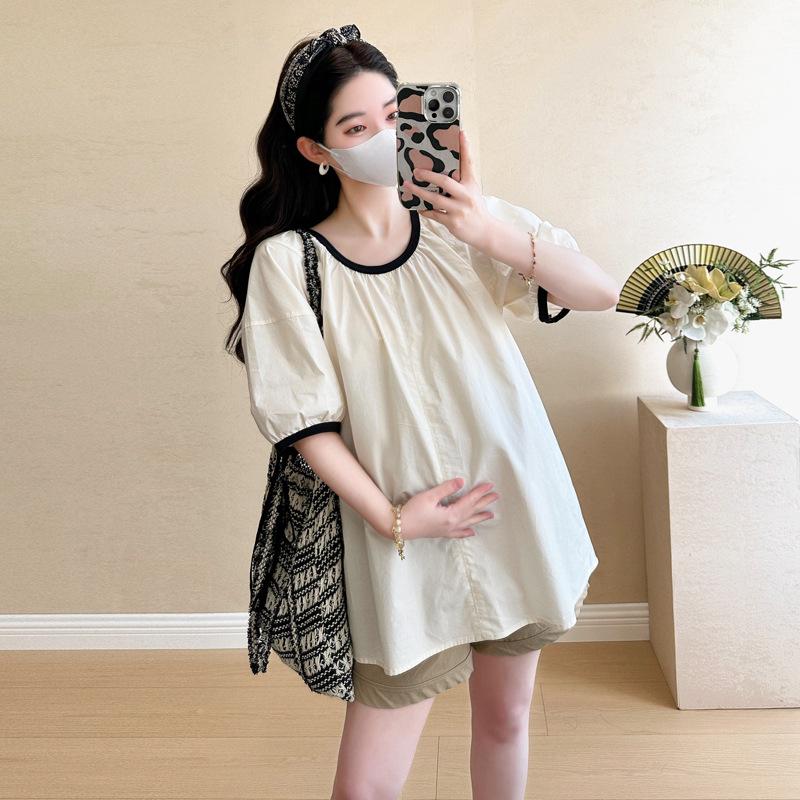 2026 Korean Puff Sleeve Maternity Doll Shirt + Belly Support Shorts M