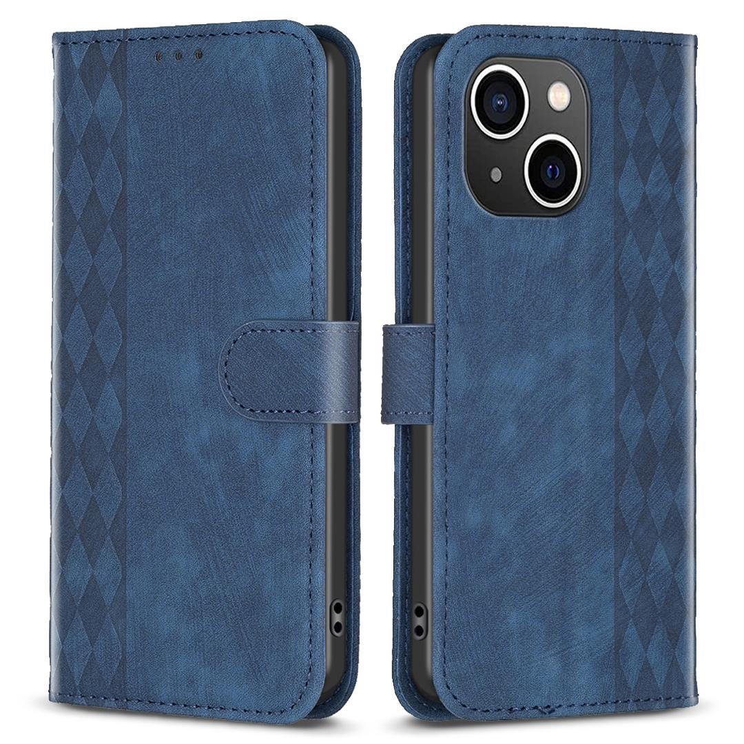 

For iPhone 15 Plus Mobile Phone Case Stand Wallet Imprinted Rhombus PU Leather Cell Phone Cover Blue