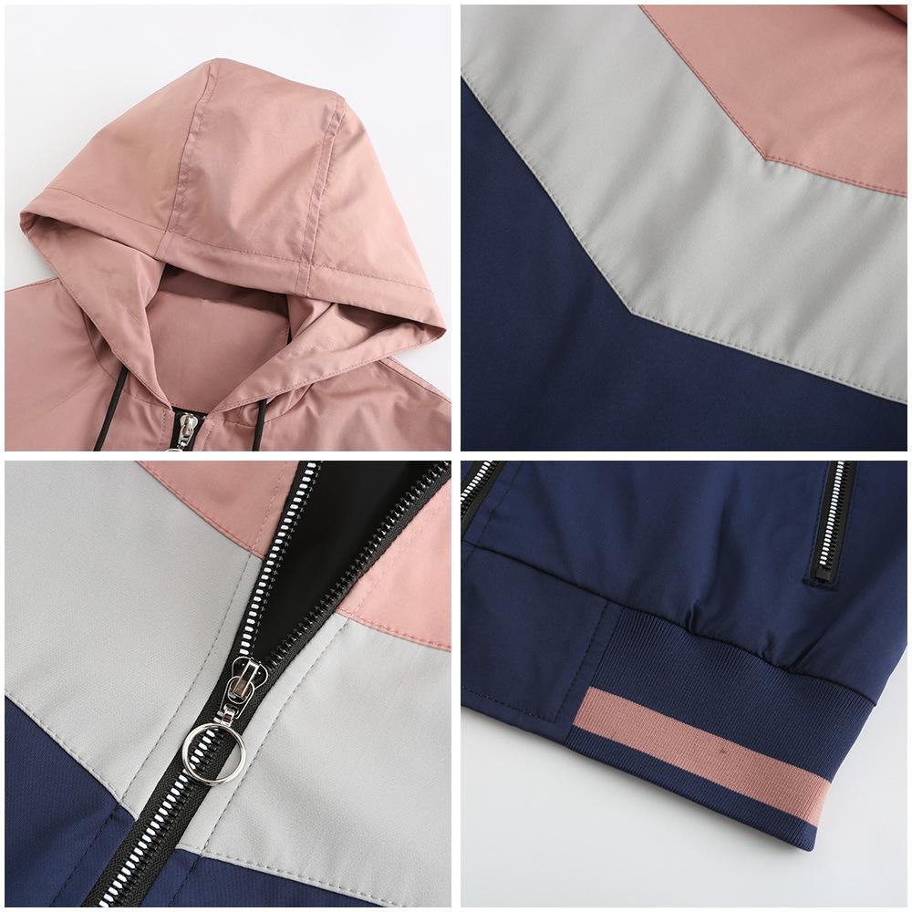 Women Spring Autumn Hooded Long Sleeve Color-block Drawstring Thin Trench Coat S-XXL