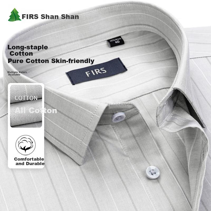 FIRS Men's Shirt, Pure Cotton Short-Sleeve Shirt, Striped Business Casual Versatile Classic Shirt, Gray Stripes, Size 43