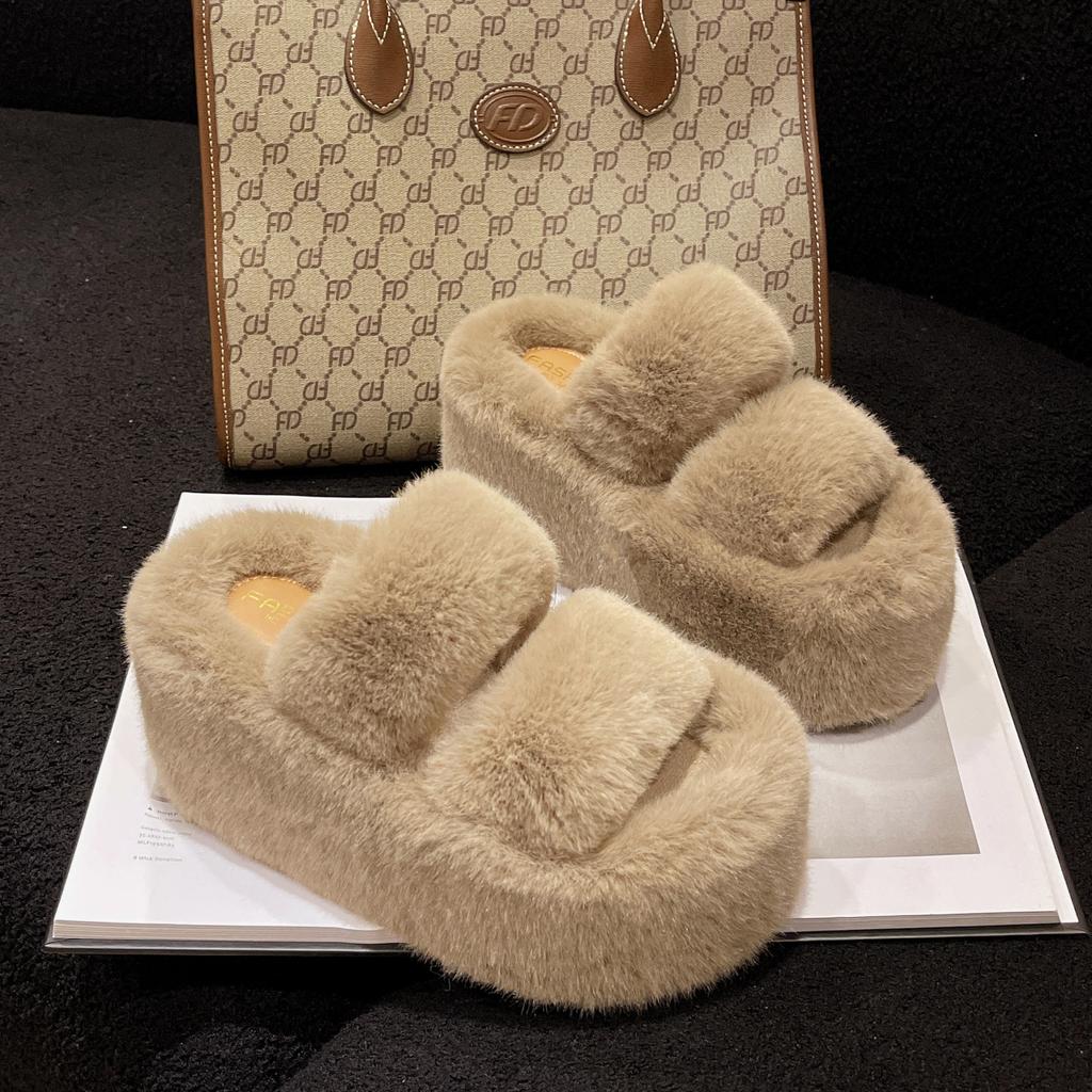 Super thick bottom 9 cm fluffy slippers women wear autumn and winter new Korean version versatile home indoor one-word cotton slippers