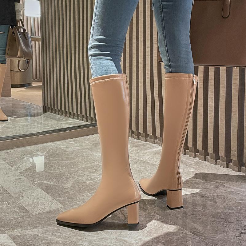 Women's High-heeled Boots Autumn and Winter New Thick-heeled Solid-color Large-size Simple Medium Boots