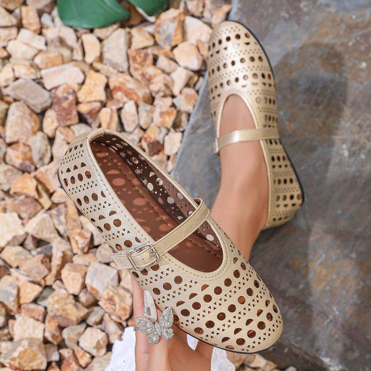 Large Size Shallow Mouth One-word Buckle Belt Hollow Round Head Flat Sole Single Shoes Women's Ballet Shoes Small Leather Shoes