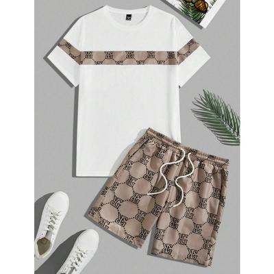 Rundhals-Herrenanzug im Retro-Stil mit Aufdruck, Zweiteiliges Set, Kurzarmhemd, Bequemer und Atmungsaktiver Anzug