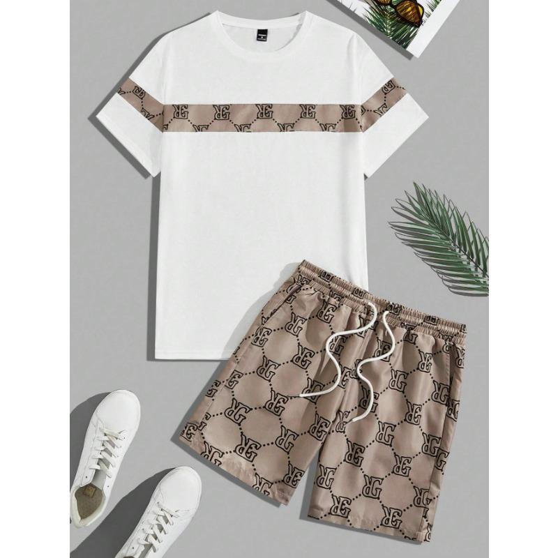 

Мужской костюм в стиле ретро с принтом букв и круглым вырезом, футболка с шортами, удобный и дышащий мужской костюм из двух частей S