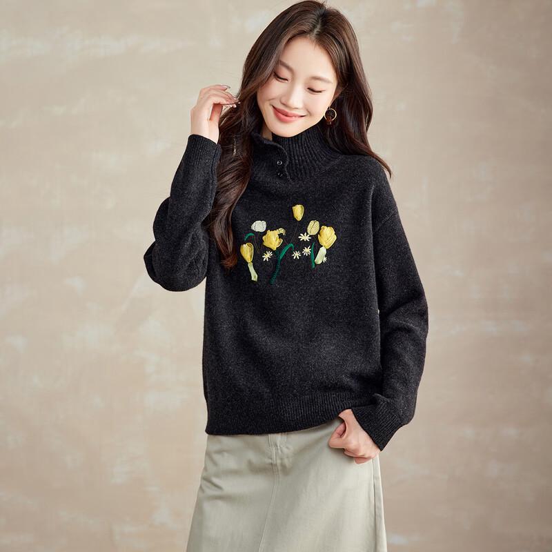 Women's 100% Wool Embroidered High-Neck Sweater