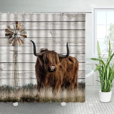 Rideaux de Douche Vache Highland Rustique Animal de Ferme Vache Brune Vintage Planche en Bois Tissu Polyester Ensemble Décor de Salle de Bain Avec .