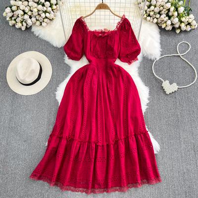 Summer Women Hollow Out Lace Long Dress Vintage Square Collar Short Puff Sleeve High Waist A-Line Vacation Beach Vestidos New