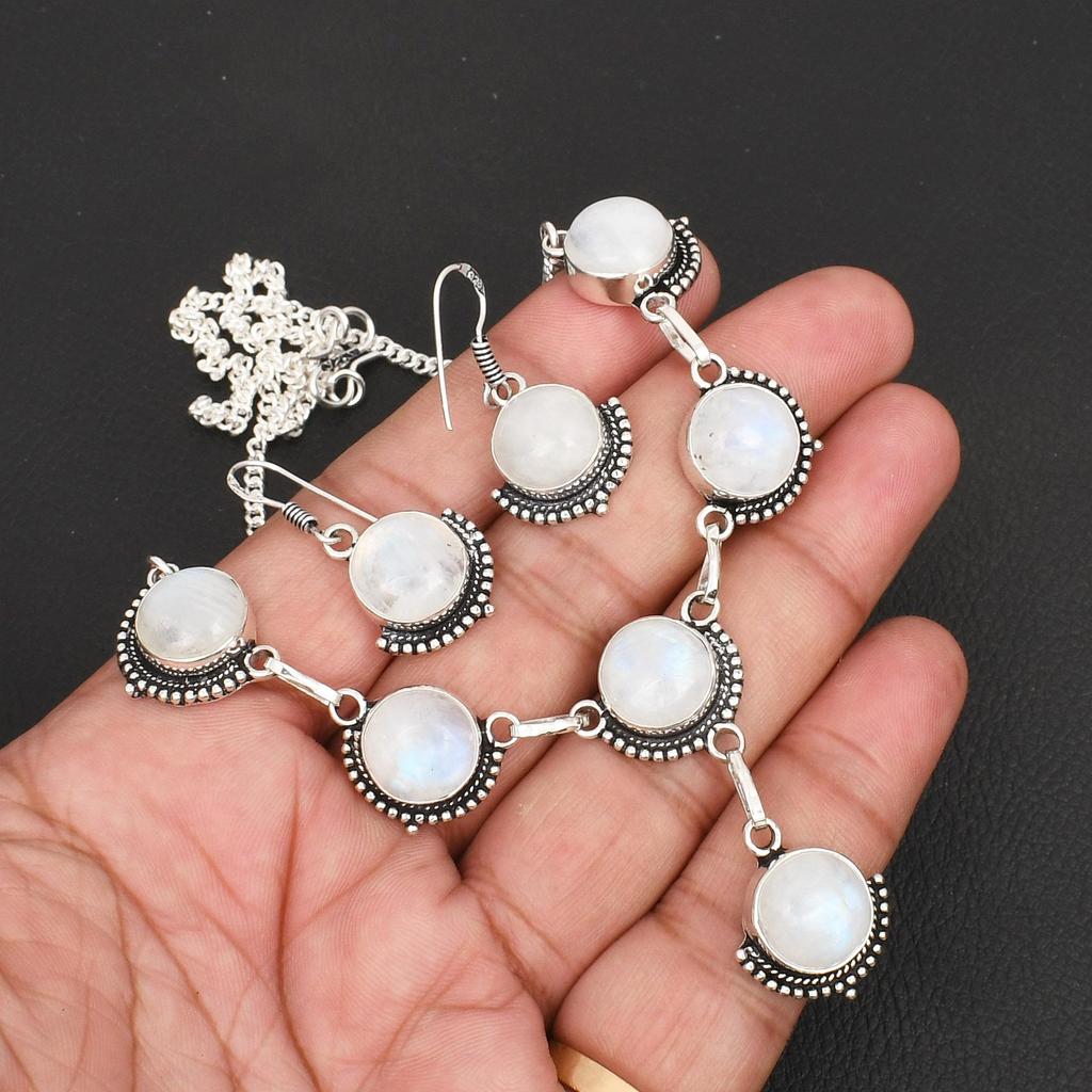 925 Sterling Silver Rainbow Moonstone Jewelry Set Elegant Round Gemstone Necklace & Drop Earrings for Women Boho Wedding Jewelry