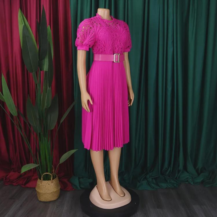 2024 European American Style Women Lace Pleated Short Sleeve Dress