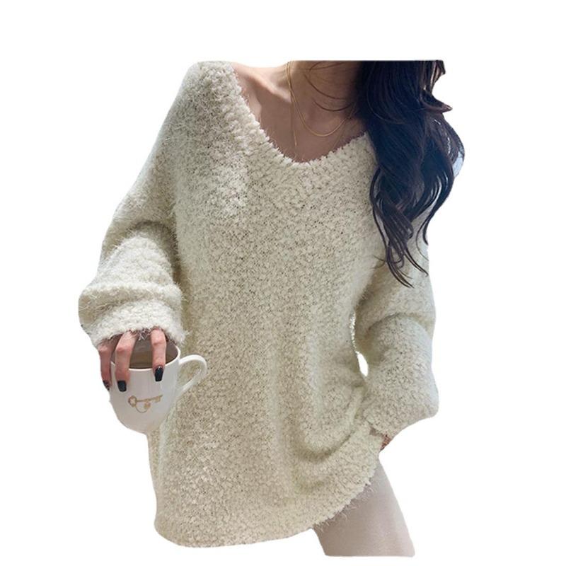 Winter Solid Loose Casual V-neck Sweater Women Simple Fashion All-match Pullover Sweater Female Knitting Top