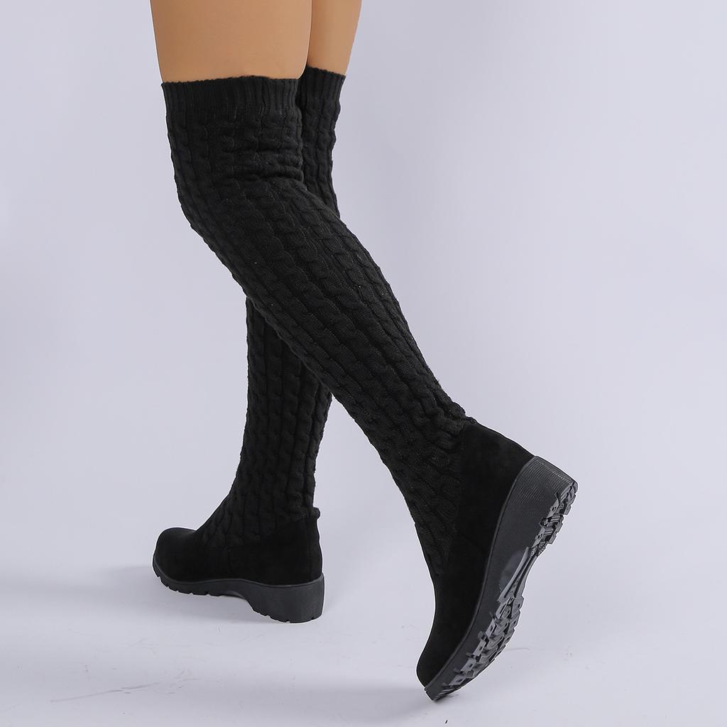 Fashion Women Boots Winter Black Over The Knee Boots 2025 New Comfort Lace Up Chunky High Heels Shoes Fashion Warm Suede Round Toe Boots