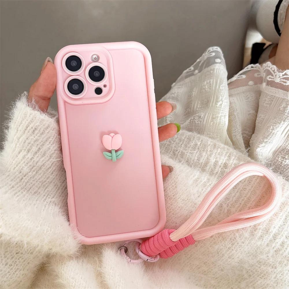 Laccetto Corda Portachiavi con Fiore di Tulipano Carino 3D Custodia per Telefono Per iPhone 17 16 15 14 13 12 11 Pro Max 16E X XS XR 7 8 Plus Copertura Morbida in Silicone