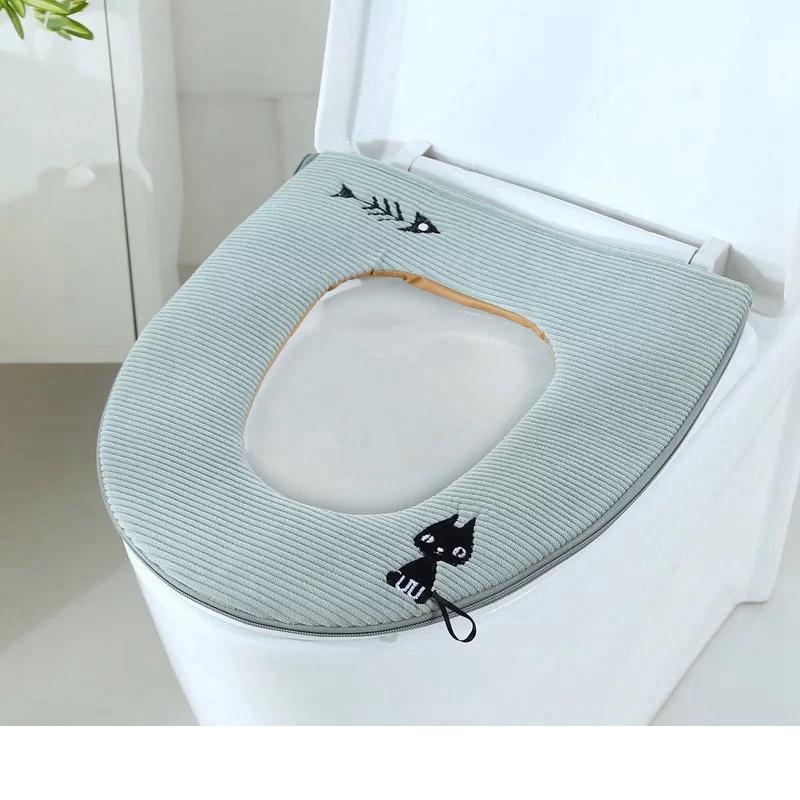 Bathroom Accessories Toilet Seat Cover Zipper Universal Toilet Cushion Household Warm Soft Toilet Seat Cover Winter WC Mat