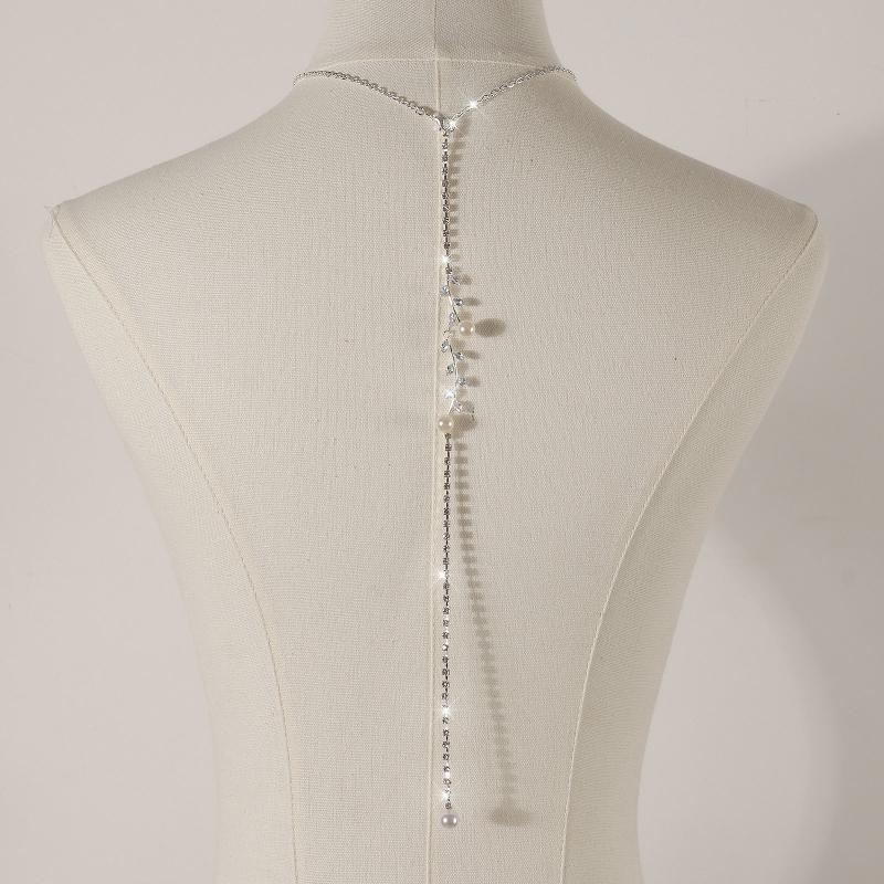 Rhinestone Pearl Back Chain Necklace Long Drop Backless Dress Jewelry For Women Wedding Party Accessories