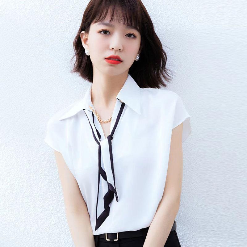 Mall 1116 Women's Summer New Occupation with Ribbon Decorative Chain Short Sleeve Shirt 1111119