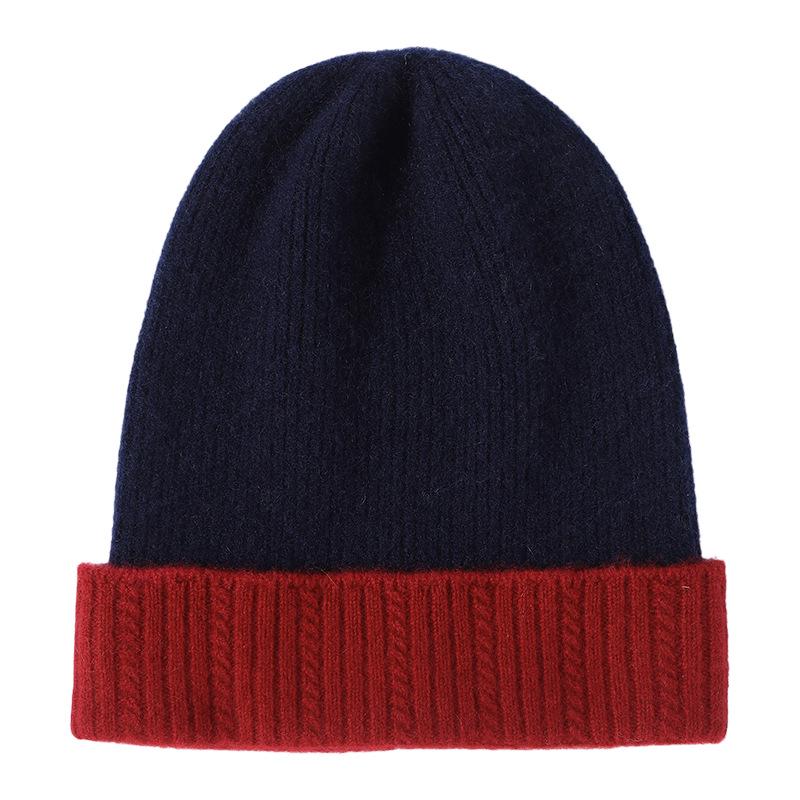 Unisex 100% Cashmere Color Block Knit Hat with Ear Protection