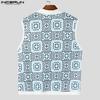 INCERUN Men Lapel Sleeveless Plaid Print Casual Thin Loose Tank Tops 