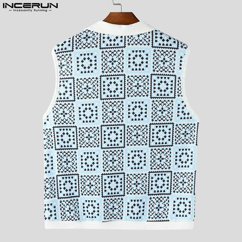 INCERUN Men Lapel Sleeveless Plaid Print Casual Thin Loose Tank Tops