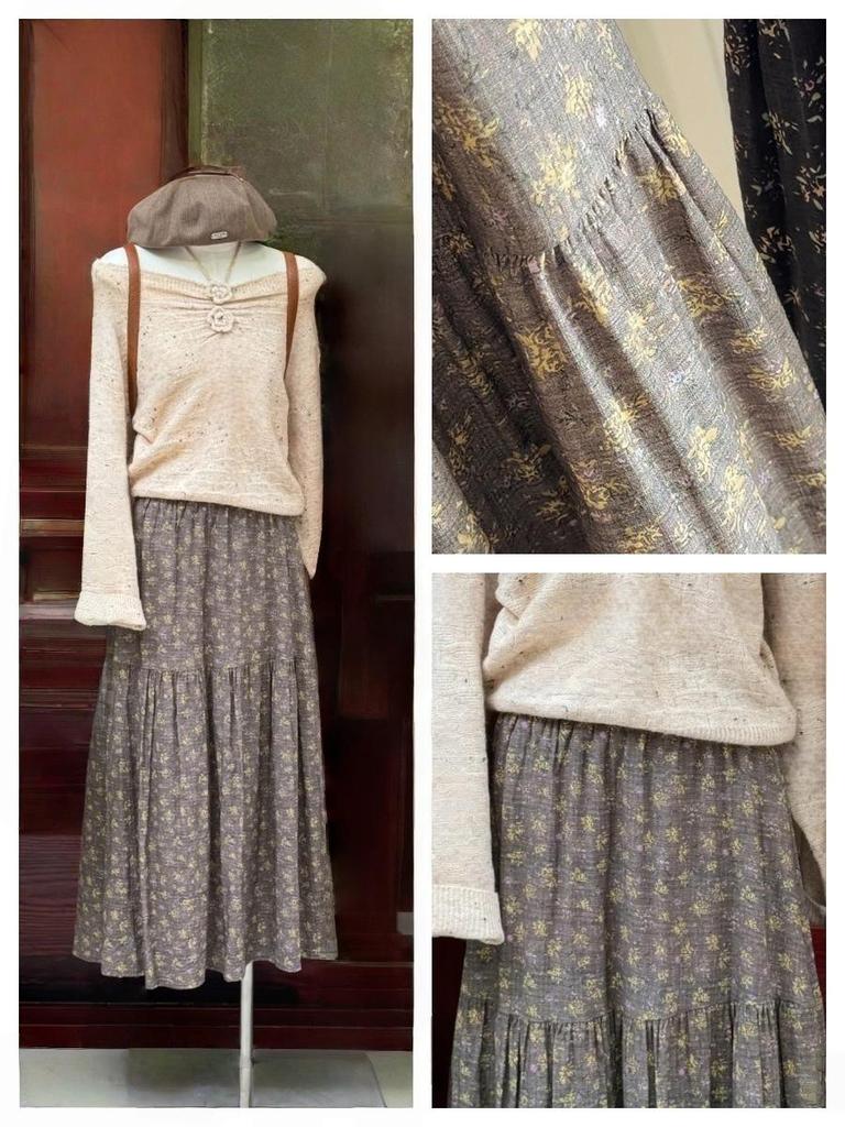 Women's Retro A-Line Floral Midi Skirt with Elastic Waist: Spring & Autumn Versatile, Forest-Inspired, Slimming Design