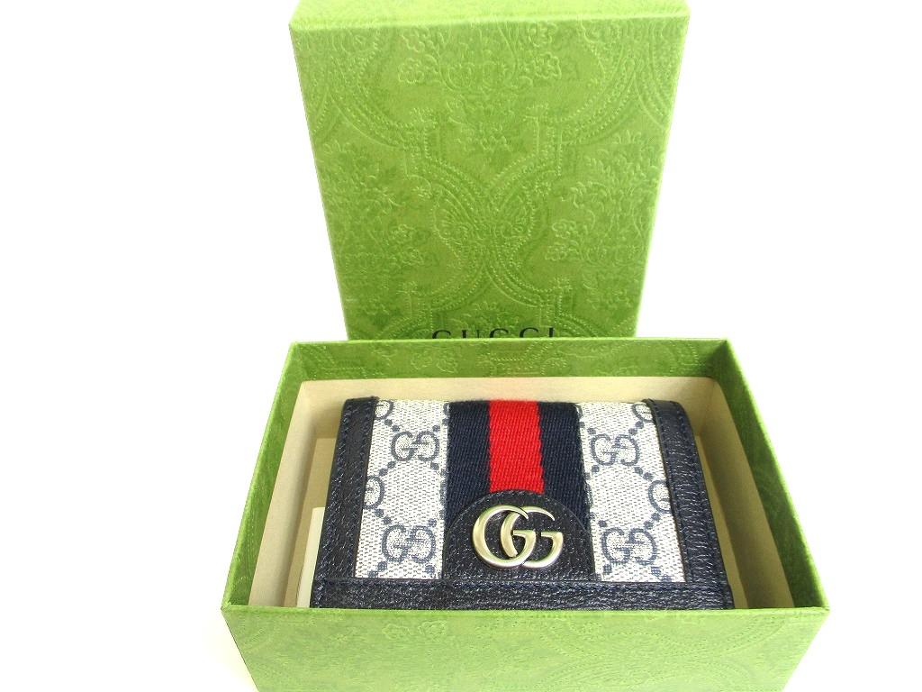 Authentic GUCCI GG Navy Blue Leather Beige Ophidia GG Canvas Bifold Wallet #a933  Refurbished