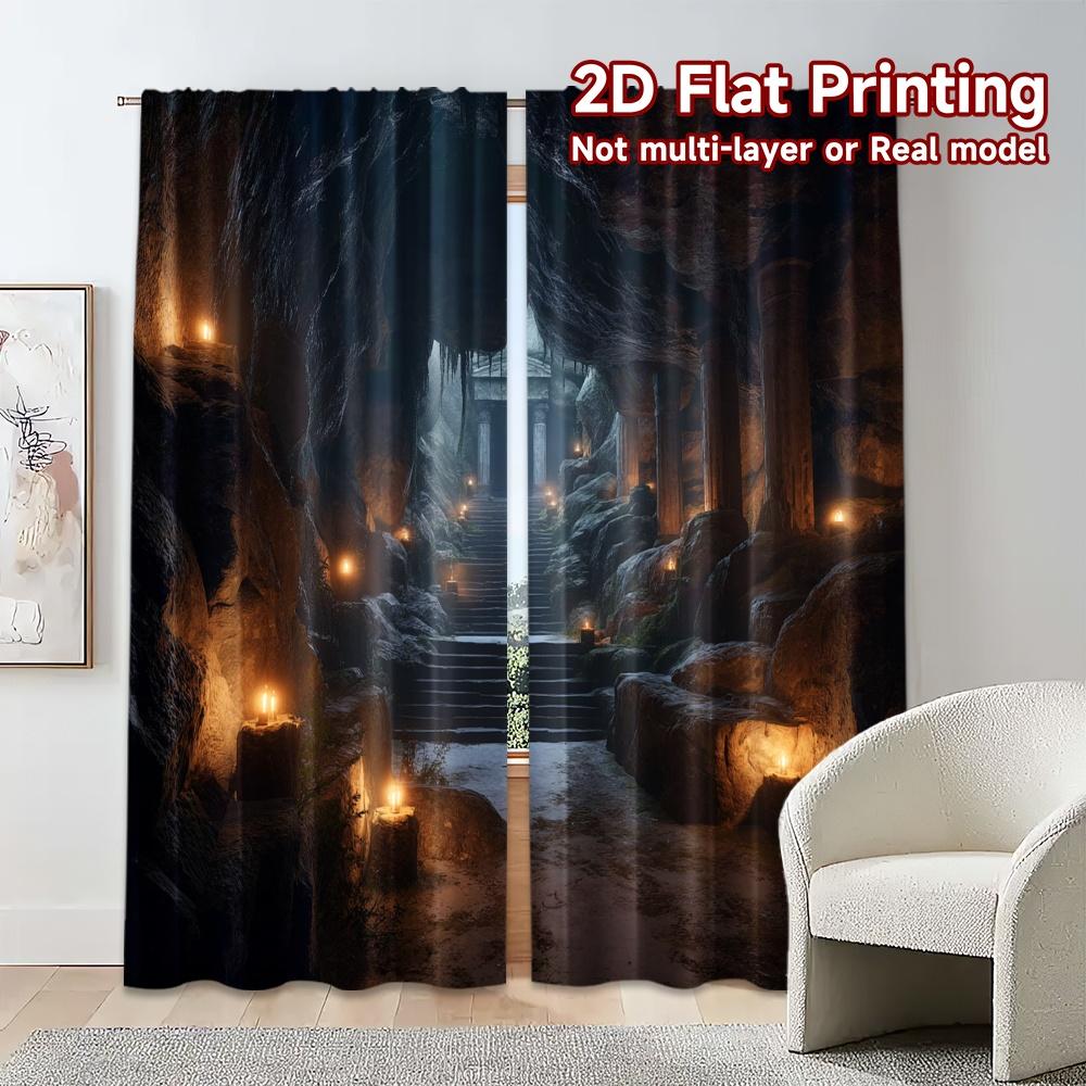 2pcs, 2D FLAT PRINTING Curtains (Without Rod) Ancient Cavern Modern Curtains Versatile 100% Polyester Curtains Decorations