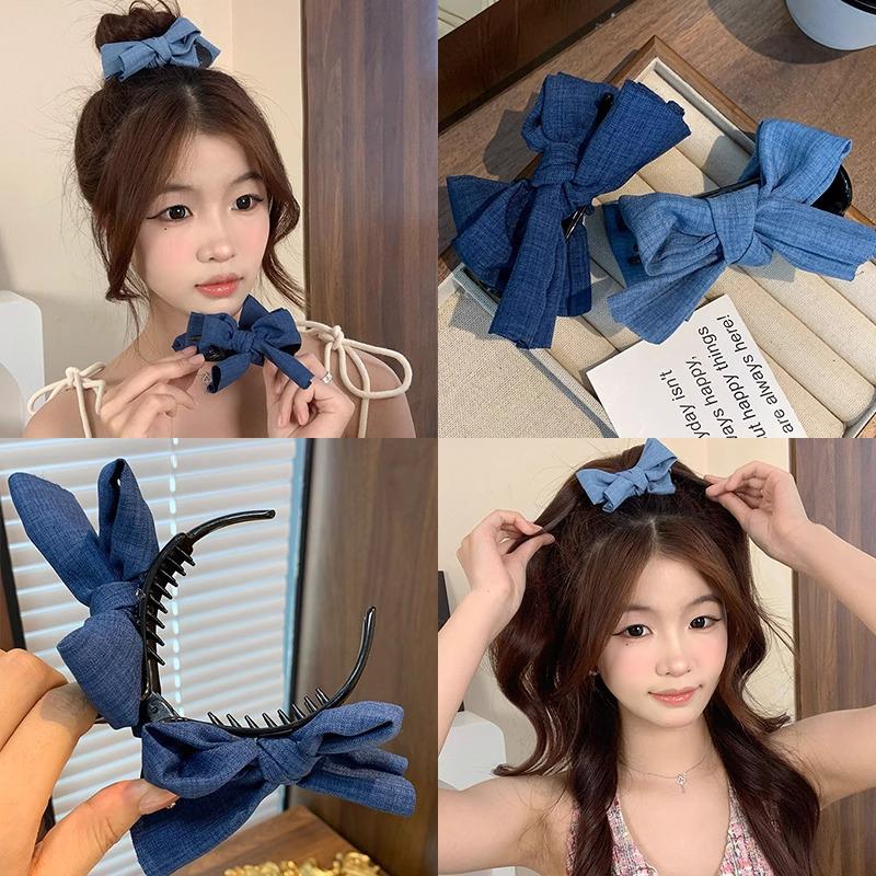 Retro Denim Blue High Ponytail Claw Clip with Bow for Women – Versatile and Elegant Hair Accessory