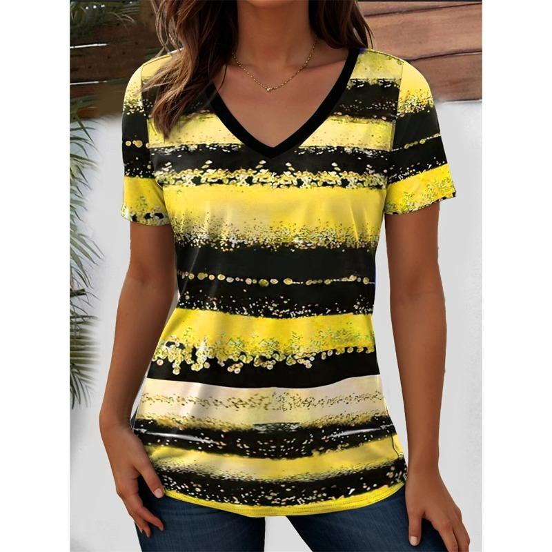 Summer V-neck 3D Striped Graphic Printed Top Fashionable Casual Short Sleeved Women's T-shirts
