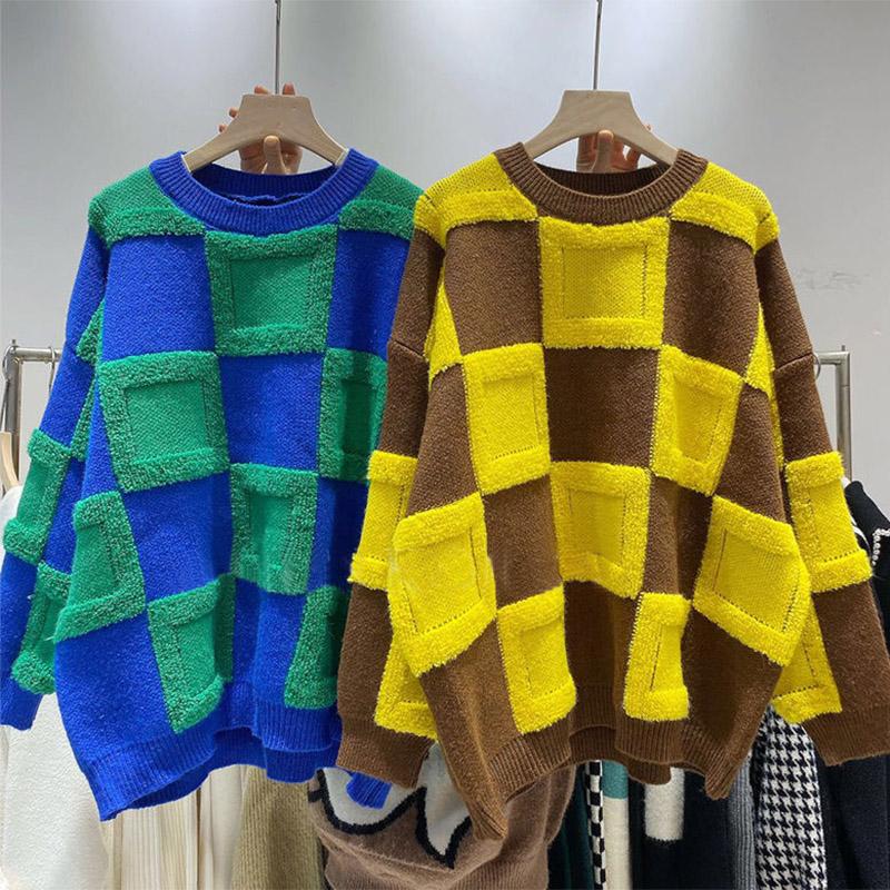 Dámské pulovry Kostkované pletené svetry Klasické Harajuku Retro Chic Dámské Streetwear Podzim Zima Hrubší svetry