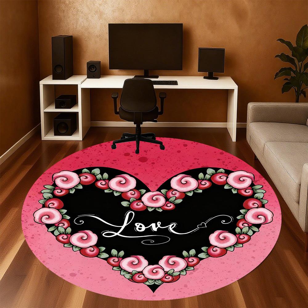 1pc Heart Love Round Chair mat office Area Rug - Non-Slip, Floor Mat for Office, Bedroom, Ideal home decor gift c0112034