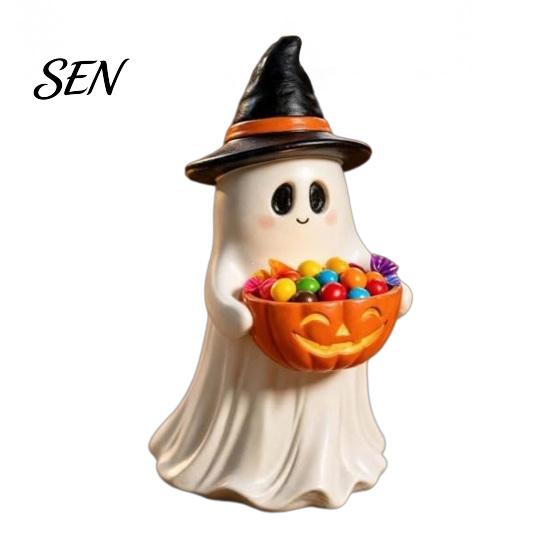 Holiday Atmosphere Enhancers Resin Ghost Statue with Pumpkin Candy Bowl for Halloween Table Decor, Cute Desk Decor Office Desktop Organizer