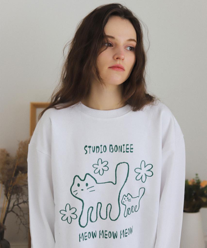 BONIEE [Fleece Lined Selection] Meow Cat Kitten Oversized Sweatshirt White