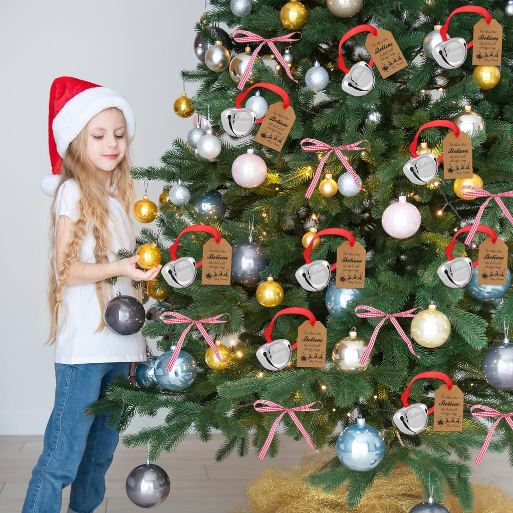 16 Sets Christmas Believe Bell Ornaments Xmas Bell With Red Velvet Bag Believe Tags Ribbons Xmas Tree Hanging Decor Jingle Bells