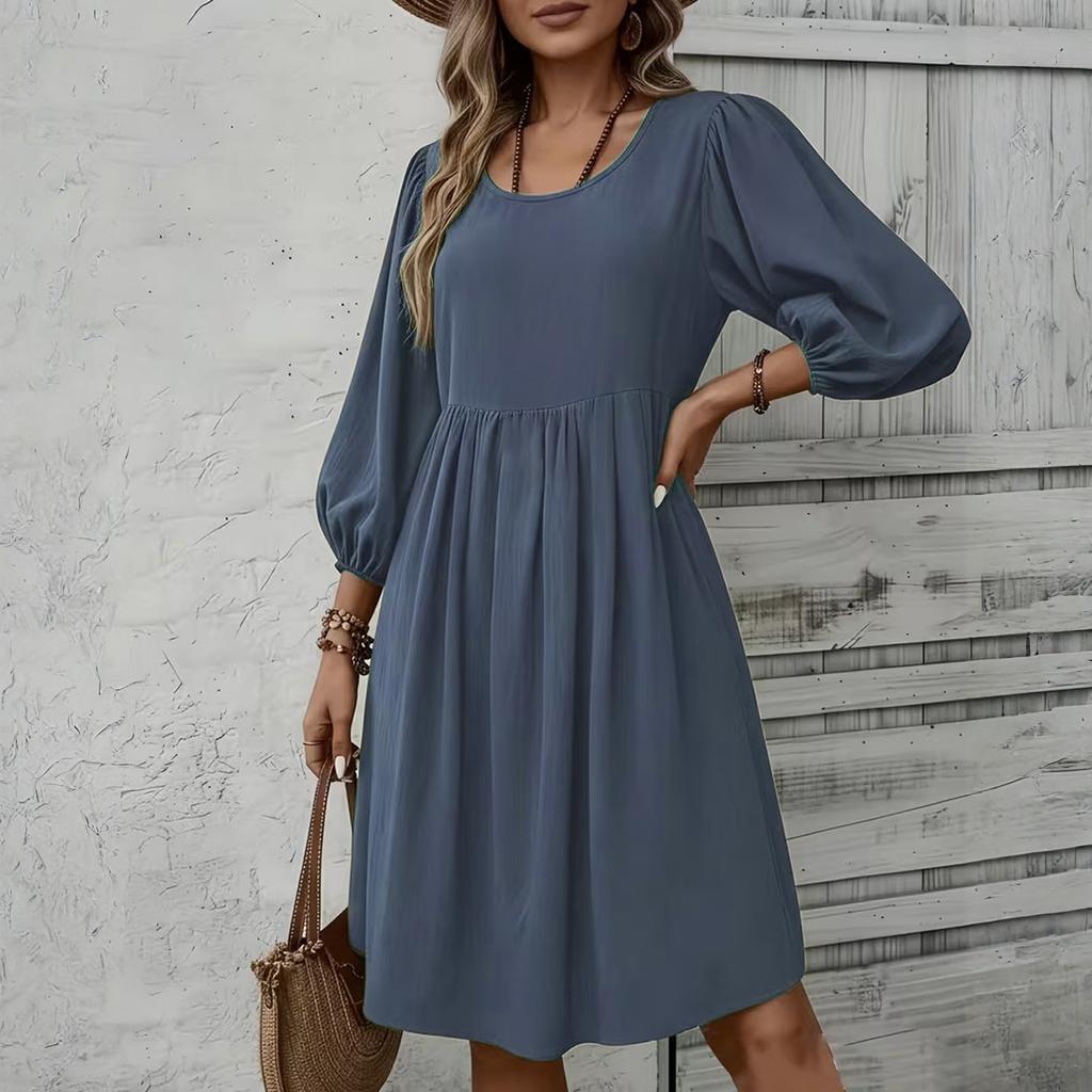 Women's Fashion Elegant Holiday Solided Color Round Neck 3/4 Sleeve Cotton Polyester Midi Dress
