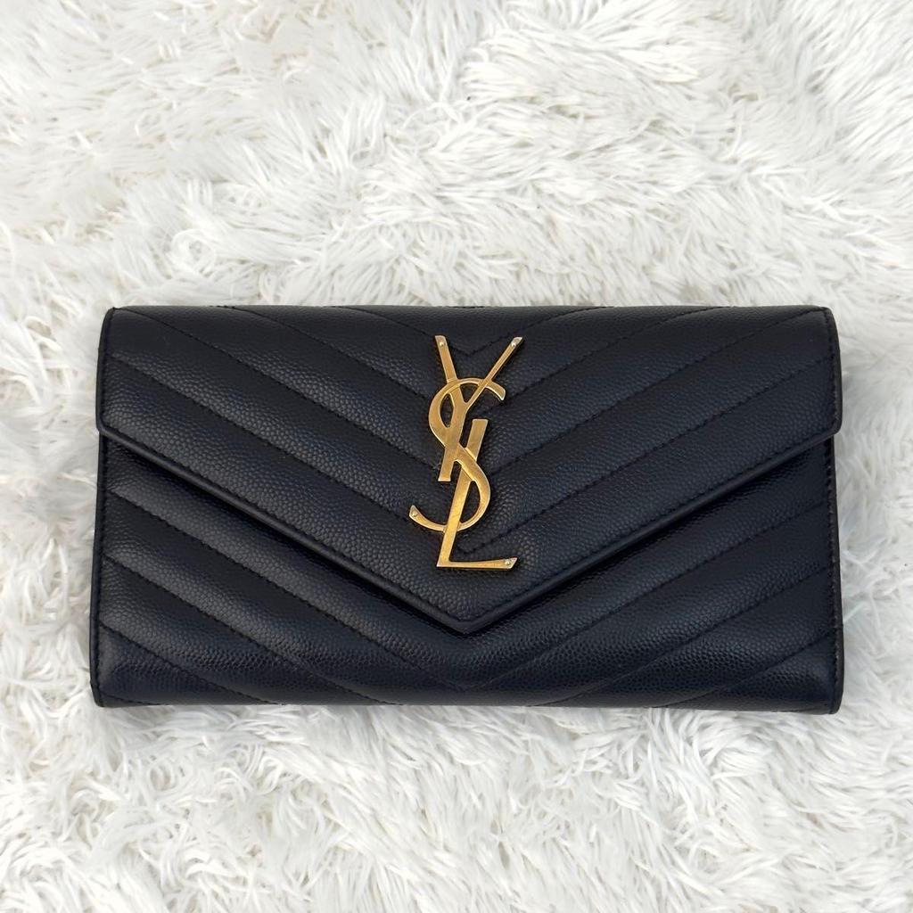 Used SAINT LAURENT Saint Laurent Large Flap Long Wallet Cassandra Black Black V Stitch