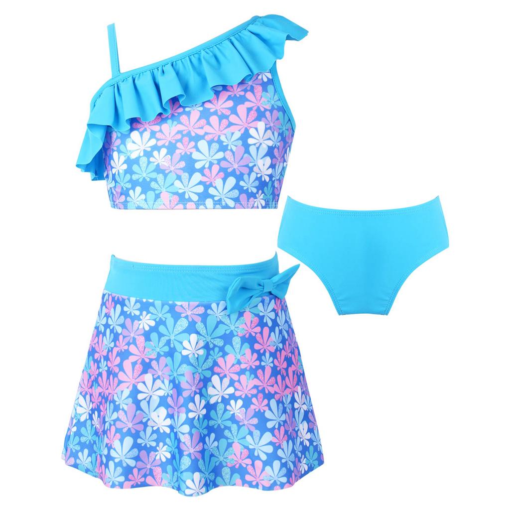 Kids Girls Tankini Set 3 Piece Floral Print Tank Vest Tops with Bikini Briefs and Skirts Summer Swimwear Swimsuits