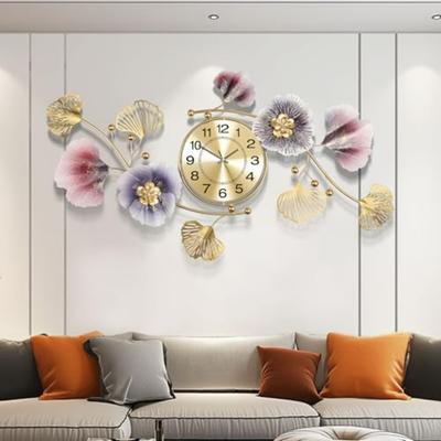 Large Wall Clock for Living Room Decor 3D Creative Metal Ginkgo Leaf Design Silent Movement Clock In Gold and Black 33x18 Inche