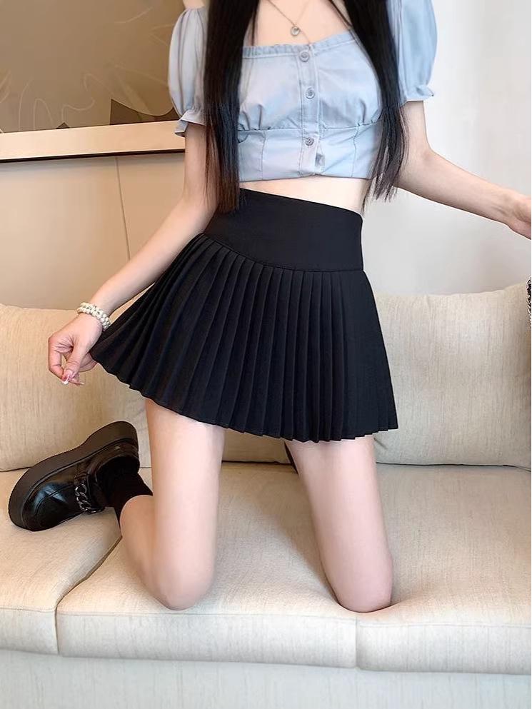 High-Waisted Summer A-Line Pleated Skirt for Women - Sweet & Fresh, Anti-Exposure, College Style, Petite Short Length.