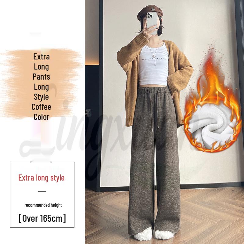 Autumn/Winter 2026 Women's High Waist Slim Fit Wide Leg Floor-Length Pants with Plus Velvet Cashmere.