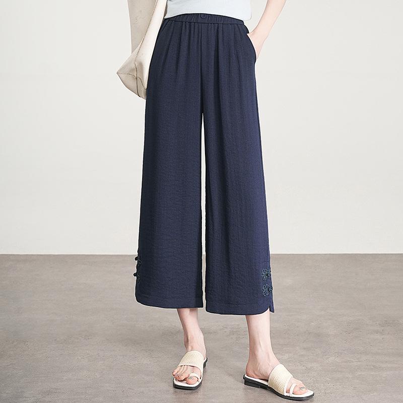 

Women s High Waist Loose Linen Pants with Chinese Frog Button - Spring/Summer 2026 Collection, Nine-Tenth Length, Wide Leg Style. L темно-синий
