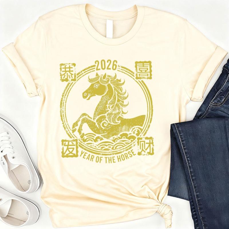 Of The Chinese New Year with Horse Graphic Lunar Happy Streetwear Shirt Crewneck Casual Style Cotton TShirts Lover Unisex