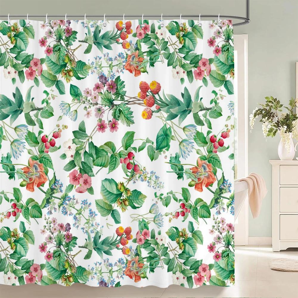 

3D Flower And Leaf Printed Nordic Style Shower Curtain With Hooks Waterproof Fabric Home Decoration Bathroom Curtains W60H190(CM)-1 Pcs