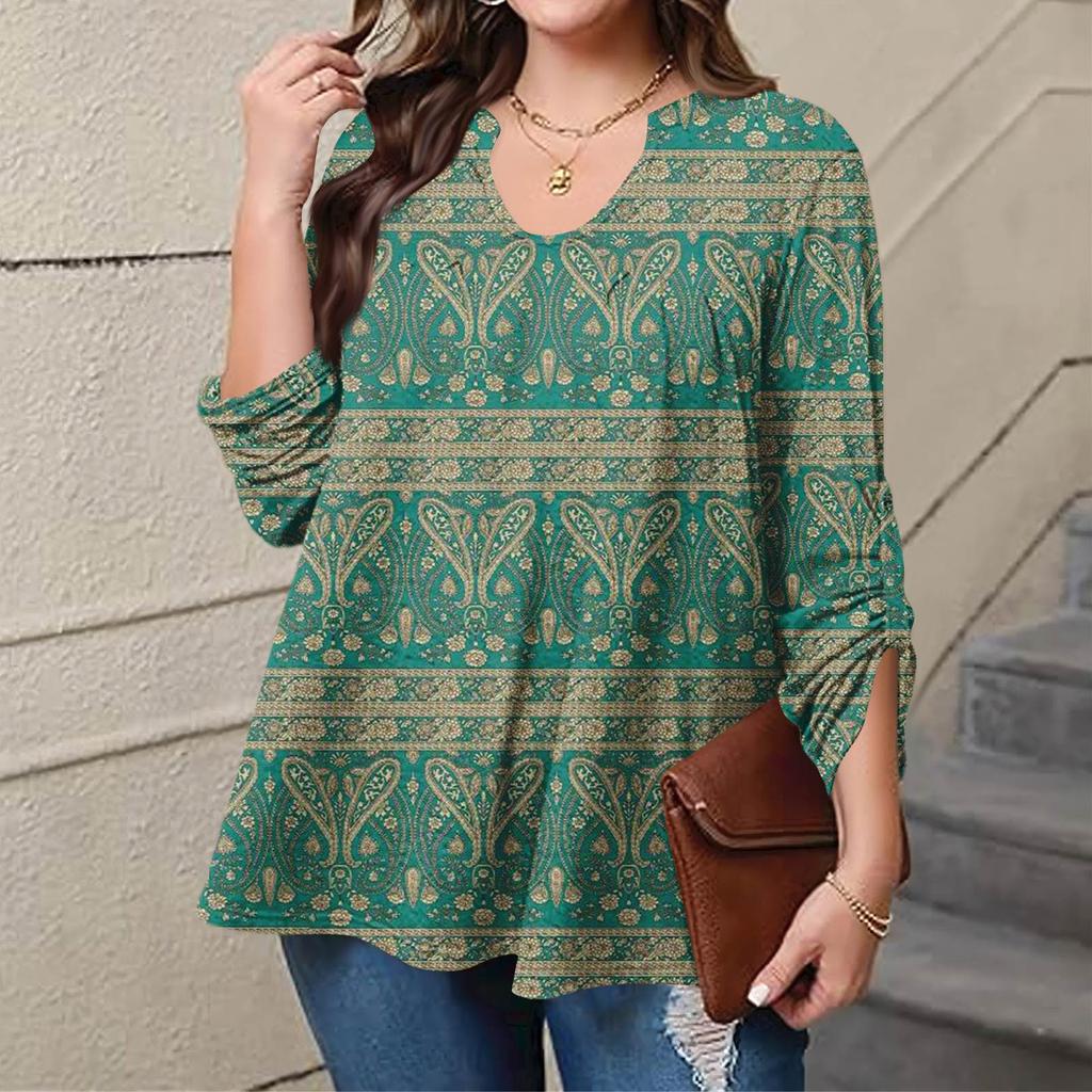 Women's Plus Size Fashion Printed Casual Pleated Round Neck Long Sleeve Top