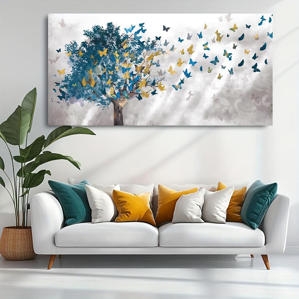 Abstract Blue Tree Butterfly Canvas Painting Posters and Prints Landscape Wall Art Pictures for Living Room Cuadros Decor Modern Decorative Prints