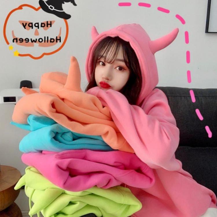 Winter Japanese Style Women Anime Hoodies Warm Fashion Loose Mid Length Thickened Velvet Long Sleeved Sweater Hooded Sweatshirt